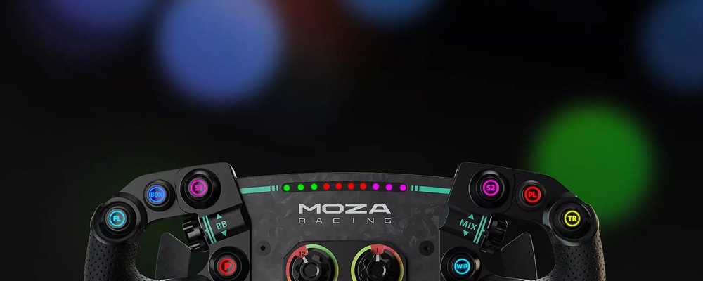 Volant Moza Racing GS V2P (PC) čierny Detailný záber na 10 RGB LED diód sekvenčného radenia s rozostreným pozadím s kužeľmi svetiel.