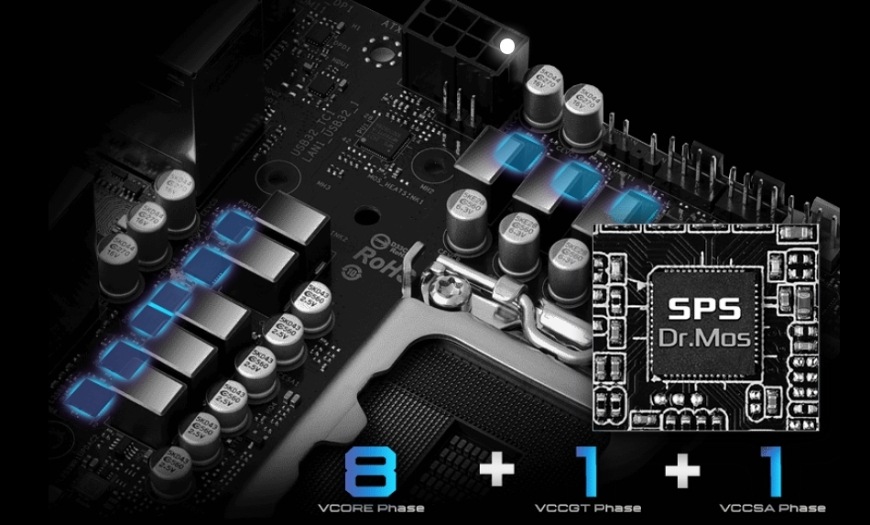 Základná doska ASRock B860I WiFi Detail napájacích fáz SPS Dr.MOS pri základnej doske ASRock B860I WiFi pre stabilný výkon CPU