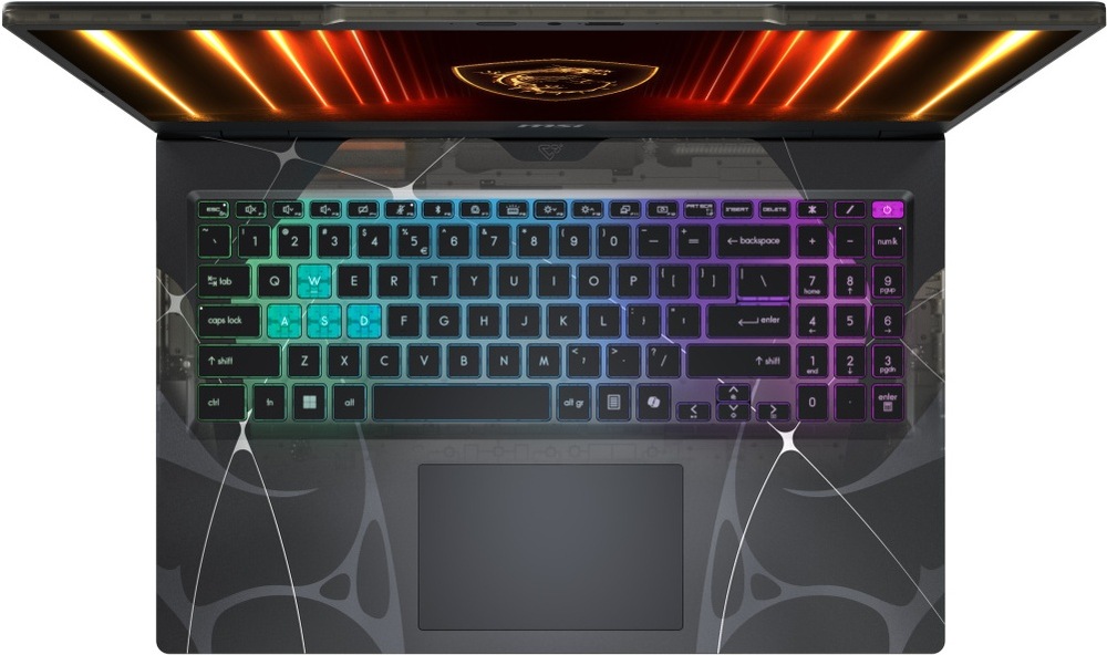 Notebook MSI Cyborg 15 B13WEKG-1222XCZNN čierny Pohľad zhora na klávesnicu notebooku MSI Cyborg 15 B13W s RGB podsvietením, numerickou časťou a veľkým touchpadom