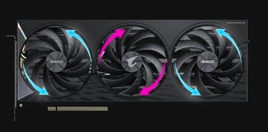 Detail smeru prúdenia vzduchu trojitých ventilátorov na grafickej karte AORUS ELITE
