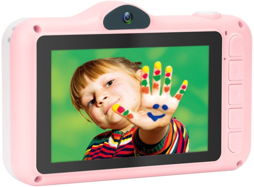 Detský fotoaparát AgfaPhoto Realikids Cam 2 s displejom a fotografiou dieťaťa.