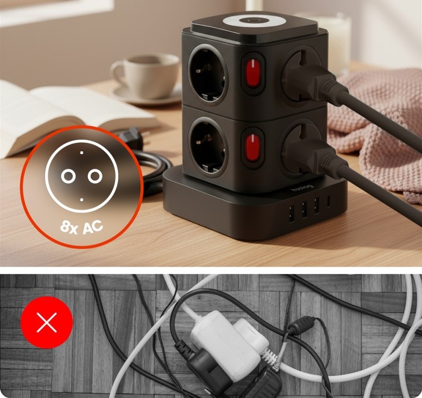 Kábel predlžovací Huslog 15W 8xzásuvka, 1xUSB-C, 3xUSB, 1x LED svetlo čierny Využitie predlžovacieho kábla Huslog 15W s 8 zásuvkami v interiéri