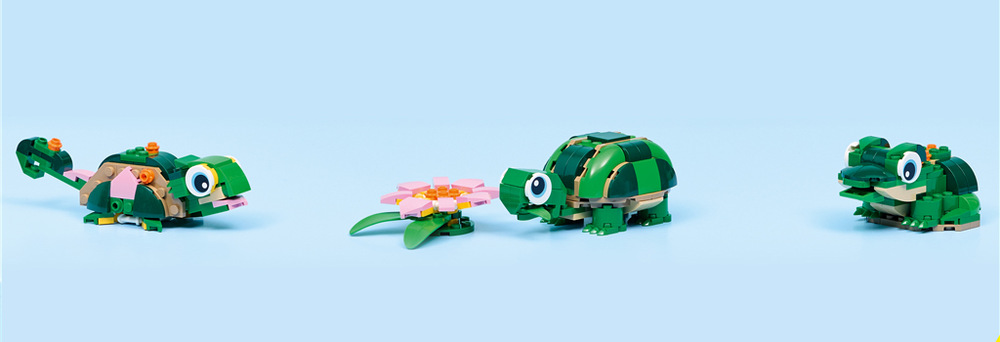 Stavebnica LEGO® Creator 3 v 1 31377 Korytnačka s leknom Z jedinej sady je možné vytvoriť korytnačku, chameleóna alebo žabu, pričom vždy môže byť zostavený len jeden model.