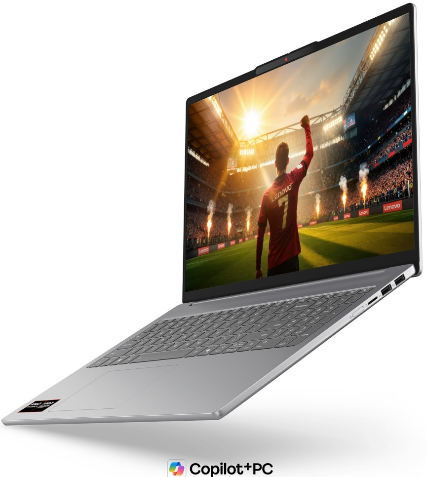 Notebook Lenovo IdeaPad Slim 5 16AGP11 sivý Pohľad šikmo zo strany na laptop Lenovo IdeaPad Slim 5 s ostrým, priestranným displejom