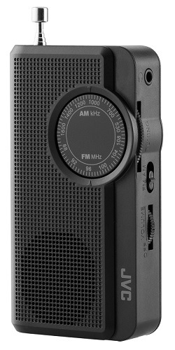 Vreckové čierne rádio JVC RA-E311B vo vertikálnom prevedení s teleskopickou anténou a kruhovým voličom ladenia na bielom pozadí