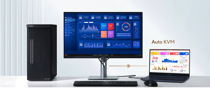 Integrovaná funkcia Auto KVM umožňuje ľahké prepínanie medzi dvoma pripojenými notebookmi alebo PC