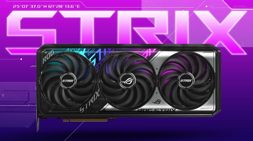 Pohľad na prednú stranu grafickej karty Asus ROG Strix RTX 5070 Tí s tromi ventilátormi