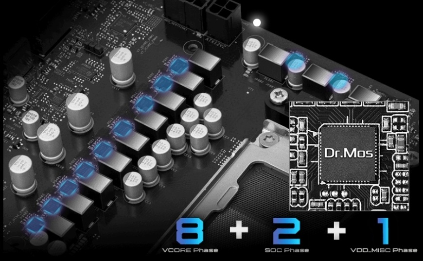 Základná doska ASRock B850M PRO-A WIFi Detail napájacej kaskády Dr.MOS pri základnej doske ASRock B850M Pro-A pre stabilné napájanie CPU