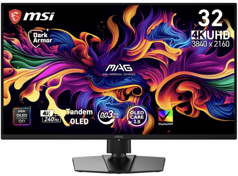 Čierny herný monitor MSI MAG 321UP QD-OLED X24 s 31,5" obrazovkou na stojane