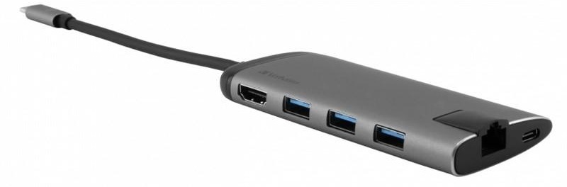 USB Hub Verbatim USB-C/3xUSB 3.0, HDMI, SD, MicroSD, RJ45 sivý