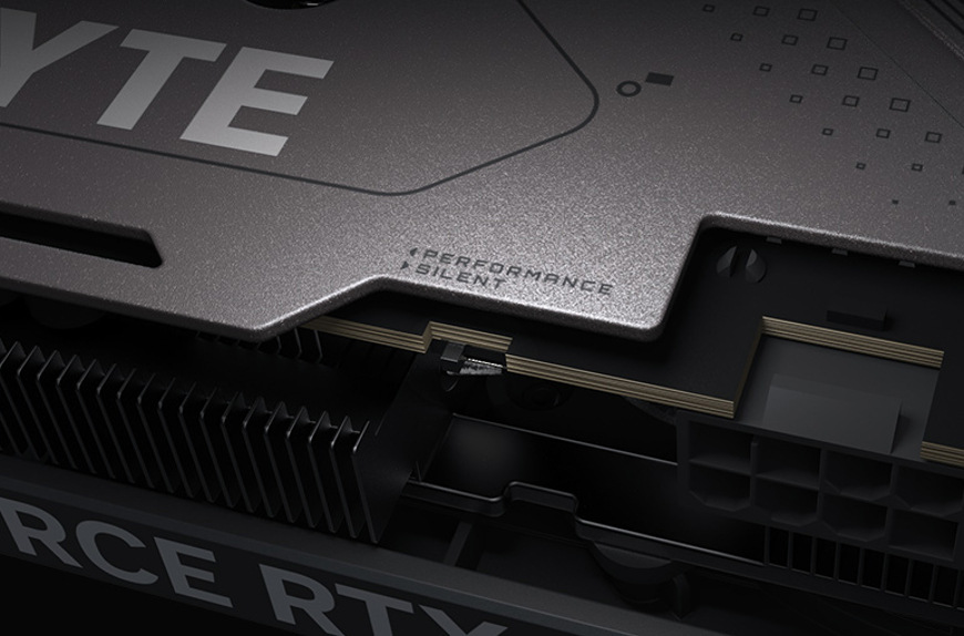 Detail prepínača režimov Performance a Silent na backplate grafickej karty GIGABYTE RTX 5060″ width=