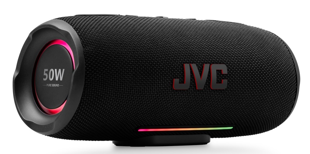 Prenosný Bluetooth reproduktor JVC XS-E425B 50W s LED podsvietením na bielom podklade