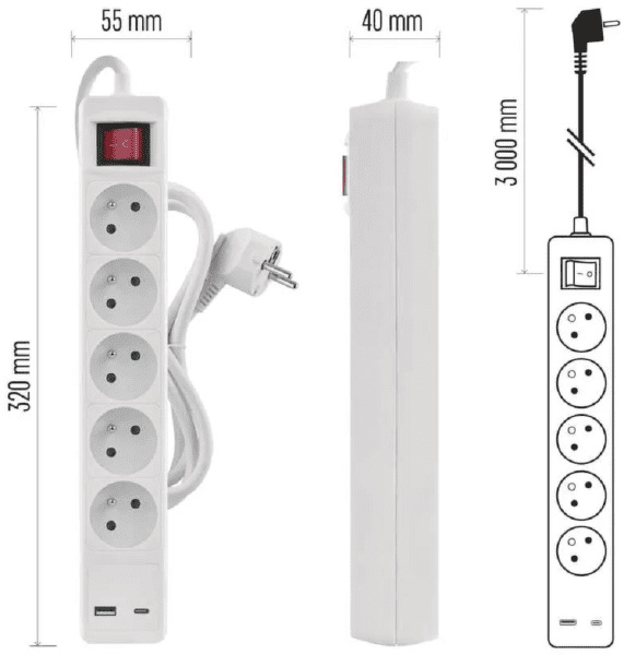 Kábel predlžovací EMOS 5x zásuvka, 1×USB-A + 1×USB-C vypínač, 3m biely Kábel predlžovací EMOS 5x zásuvka, 1×USB-A + 1×USB-C vypínač, 3m biely
