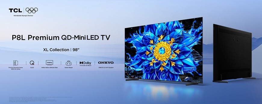 Televízia TCL 98P8L s QD-Mini LED technológiou, 4K rozlíšením a ONKYO 2.1 Hi-Fi audio systémom, ktorá ponúka vysoký jas, kontrast a pohlcujúce zvuk pre domáce kino.