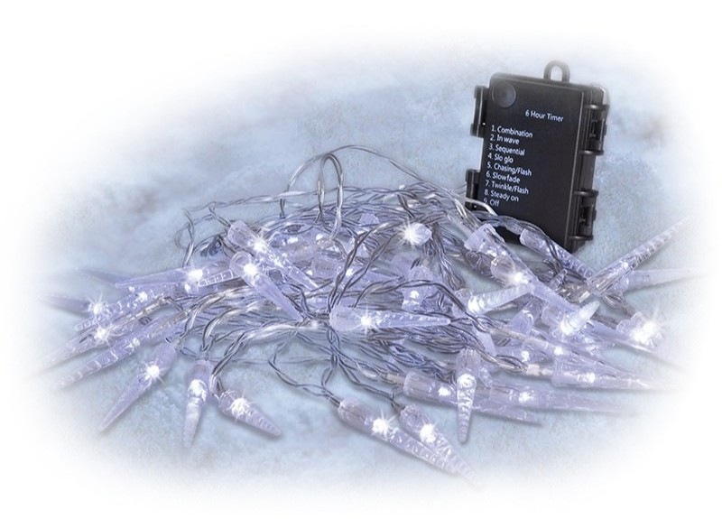 Vianočné osvetlenie Solight reťaz - cencúle, 50LED, časovač, 8 funkcií, IP44, 3xAA batérie, studená biela