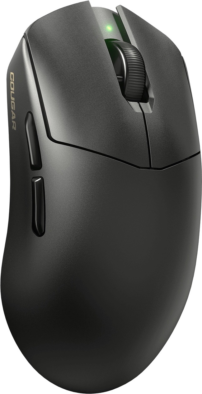 Myš Cougar Revenger PRO 4K čierna Na obrázku je bezdrôtová herná myš Cougar Revenger PRO 4K z horného šikmého pohľadu. Má matne čierne telo, výrazne klenutý ergonomický tvar a dve bočné tlačidlá pre palec na ľavej strane. Uprostred je vrúbkované rolovacie koliesko a nad ním svieti malá zelená stavová kontrolka. Na boku je zlatý nápis Cougar. Myš pôsobí elegantne a jednoducho, bez výrazného farebného podsvietenia.
