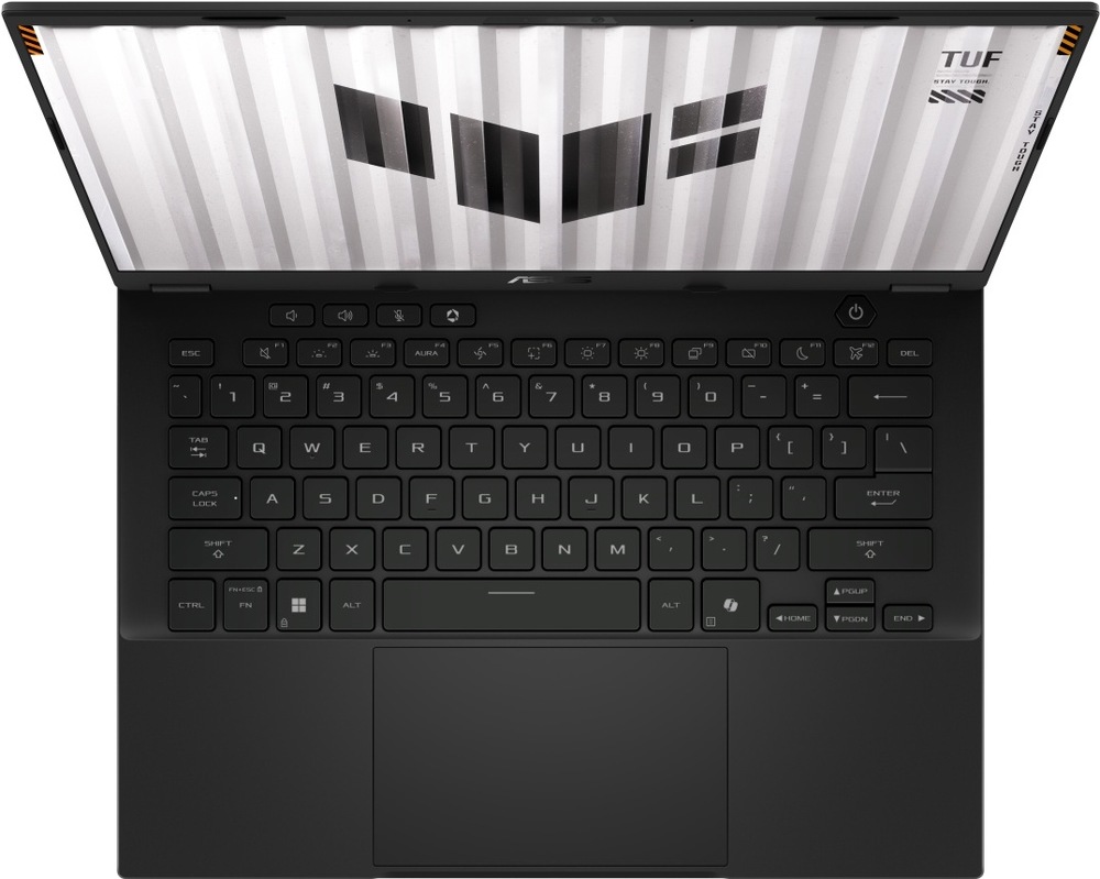 Notebook Asus TUF Gaming A14 sivý Pohľad zhora na klávesnicu notebooku Asus TUF Gaming A14 s priestranným touchpadom