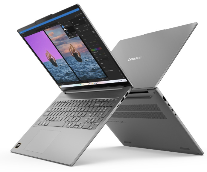 Notebook Lenovo IdeaPad Slim 5 16AKP10 sivý Sivý notebook Lenovo IdeaPad Slim 5 z niekoľkých uhlov s editorom na displeji