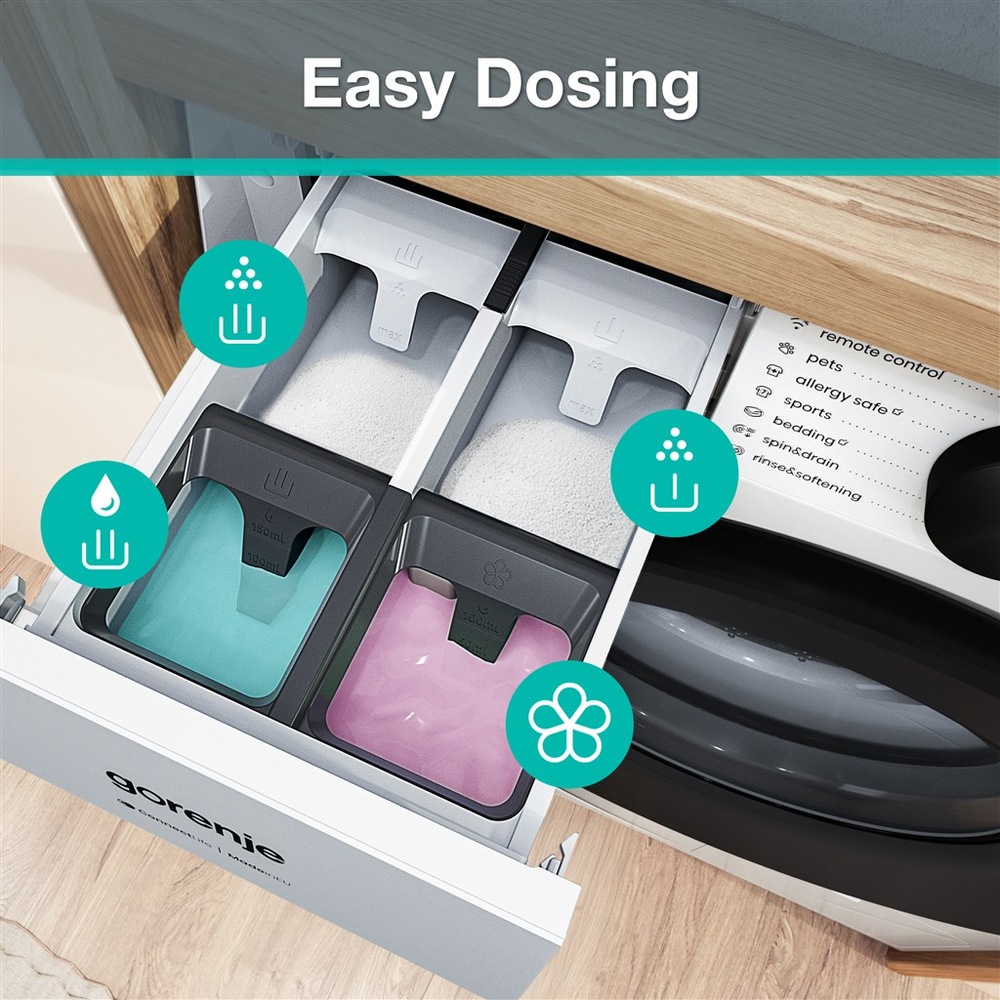 Práčka Gorenje G400 WG474A21 UltraClean biela Rozdelenie šuplíkov na prášok pri práčke Gorenje
