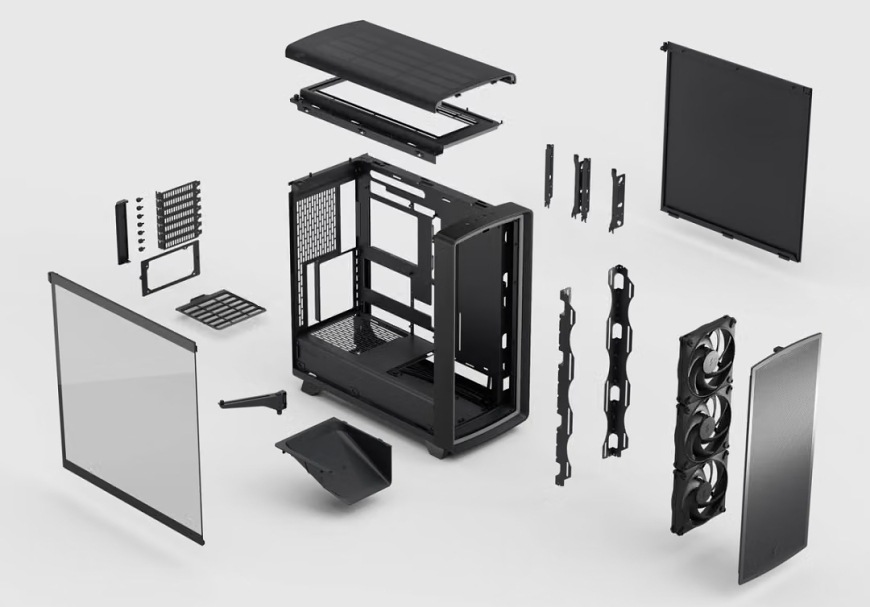 Case FRACTAL DESIGN Summit Ambience Blackout TG Light Tint čierna Rozložená konštrukcia skrine FRACTAL DESIGN Summit Ambience Blackout TG Light Tint s panelmi, ventilátormi, držiakmi a prachovými filtrami