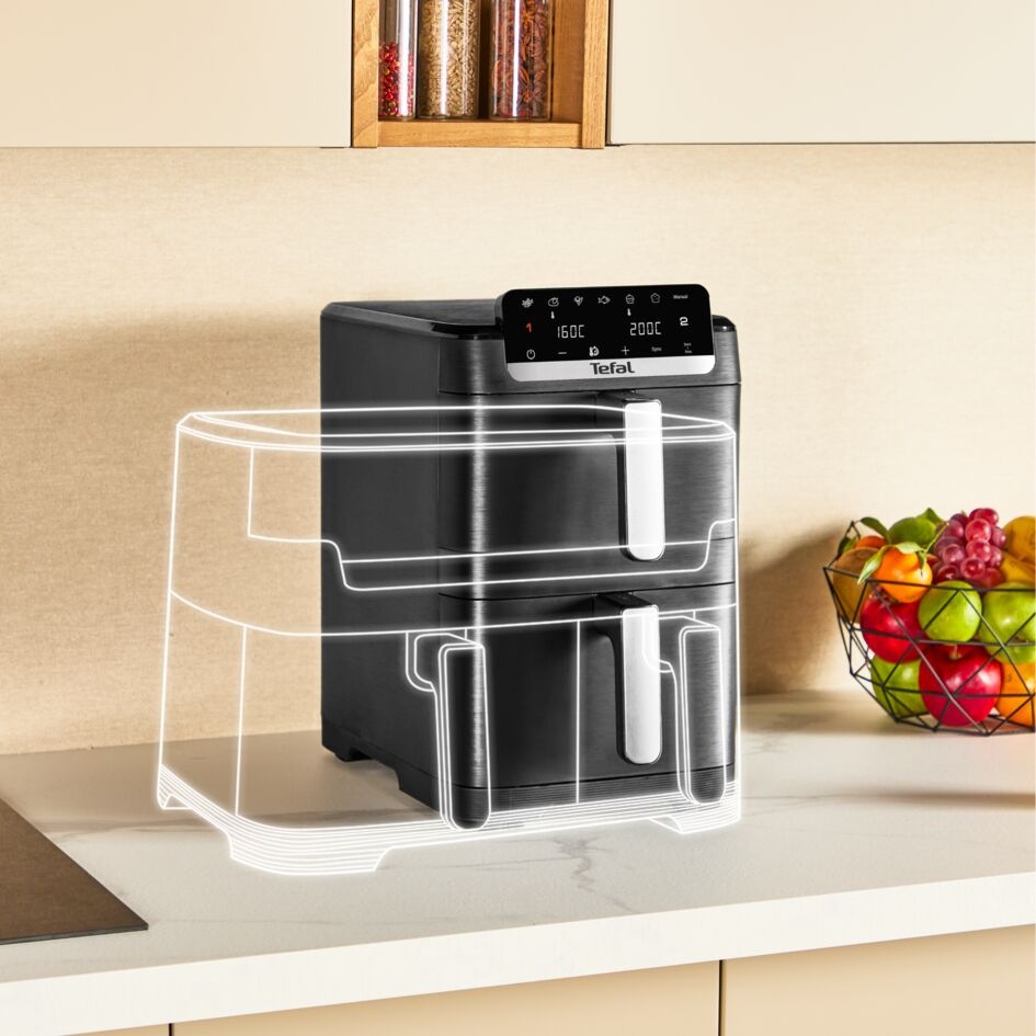 Úspora miesta s fritézou Tefal EY7528E0 Easy Fry Crispy Stack vďaka poschodovému prevedeniu
