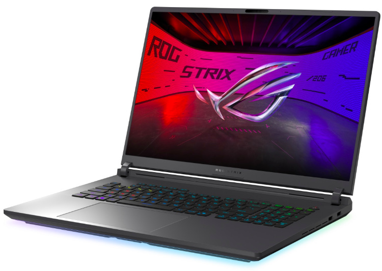 Asus ROG Strix G18 z bočného uhla s RGB klávesnicou a 18" displejom