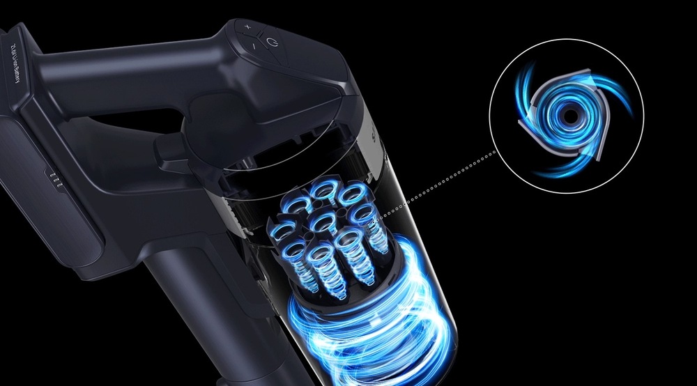 Detail cyklónovej filtrácie tyčového vysávača Samsung Jet 75 VS20B75AER1/GE s modro znázorneným prúdením vzduchu