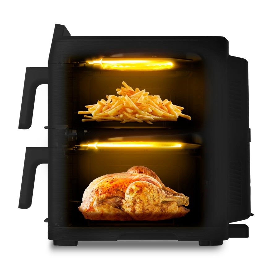 Technológia EvenFry a fritéza na dve partrá, kedy na hornom poschodí sú hranolky av spodnom poschodí kura