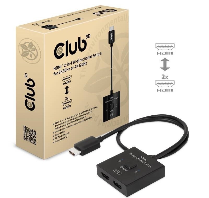Redukcia Club3D HDMI / 2x HDMI 2v1, 8K60Hz, 4K120Hz - čierna