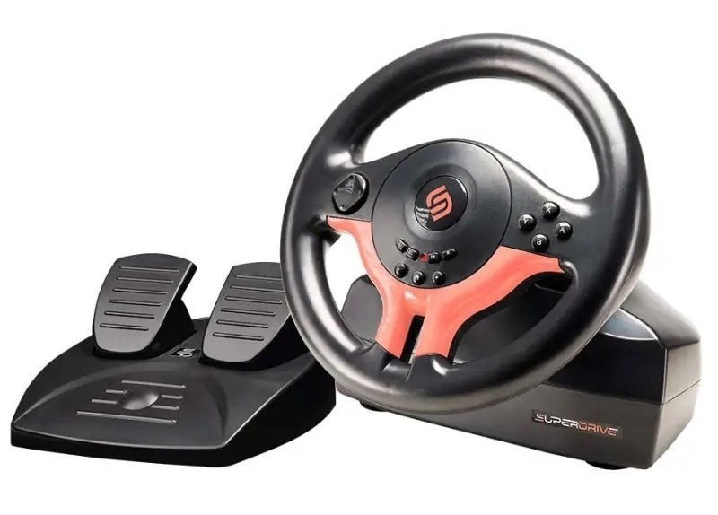 Súprava volantu a pedálov SUPERDRIVE SV250 SP Edition Red v čierno-červenej farbe.