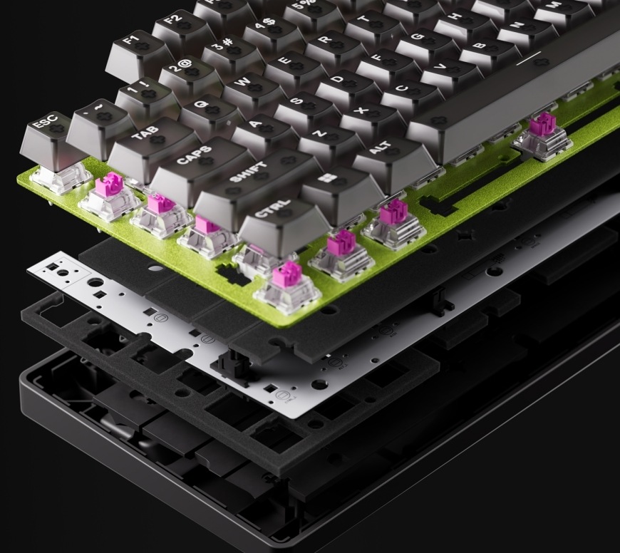 Klávesnica SteelSeries Apex Pro TKL Gen 3 Cyber - US čierna Rozložená konštrukcia Apex Pro TKL Gen 3 Cyber s krytkami, spínačmi, doskou a tlmiacimi vrstvami