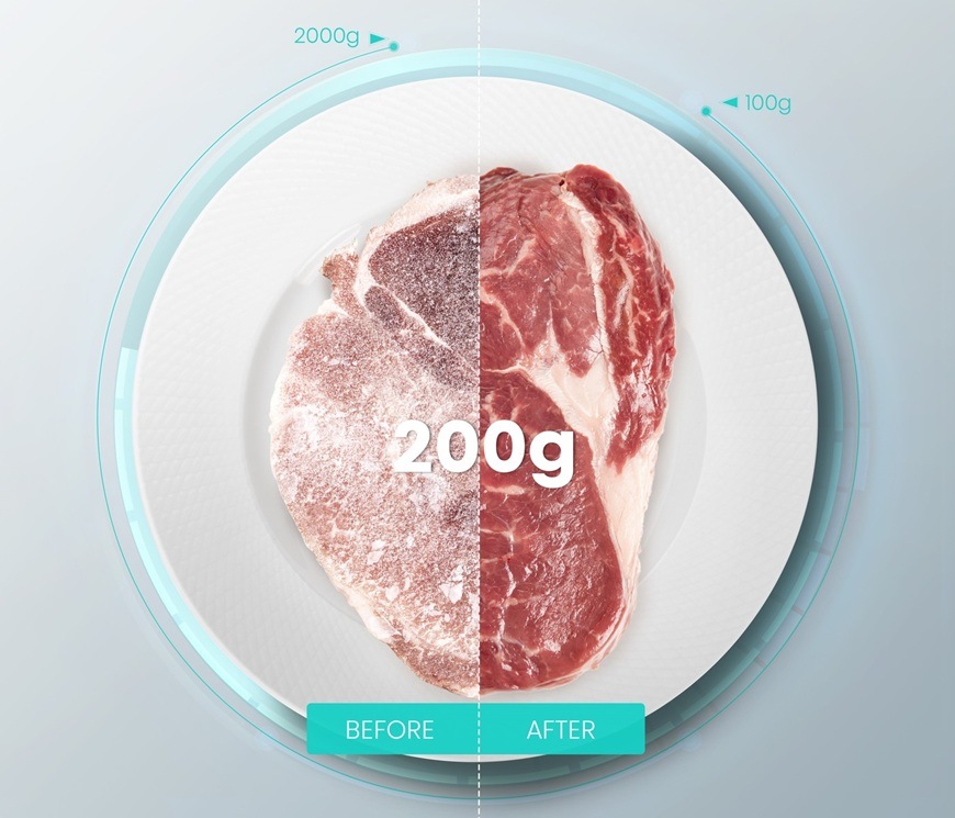 Na tanieriku je hovädzí steak s hmotnosťou 200 g.