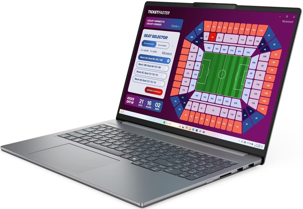 Otvorený notebook Lenovo IdeaPad Pro 5 s obrazovkou zobrazujúcou výber miest na štadióne
