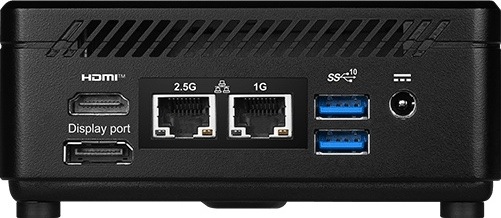 Zadný panel mini PC MSI Cubi 5 s HDMI, DisplayPortom, 2,5 Gb/sa 1 Gb/s LAN, dvoma USB-A a napájacím konektorom.