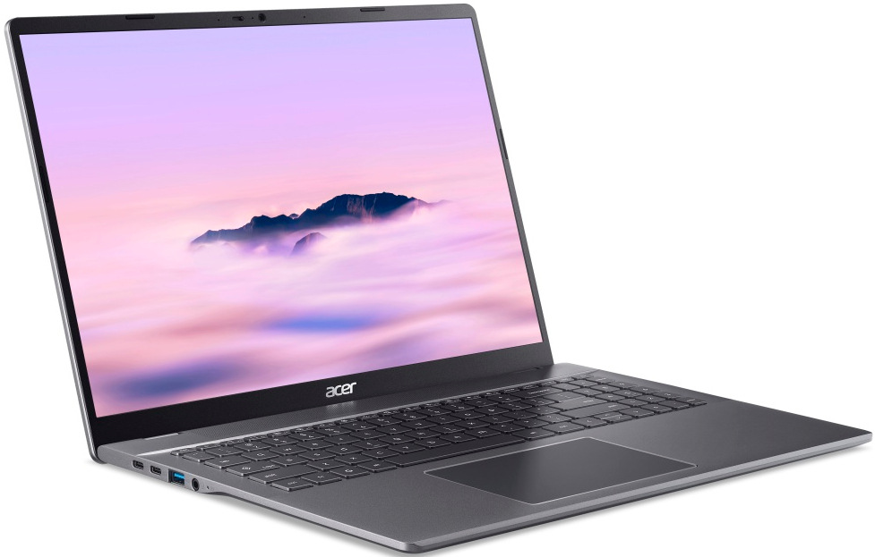 Notebook Acer Chromebook Plus 516 (CB516-1HT-57NV) sivý Pohľad šikmo zo strany na Chromebook Plus 516 s bohatou konektivitou