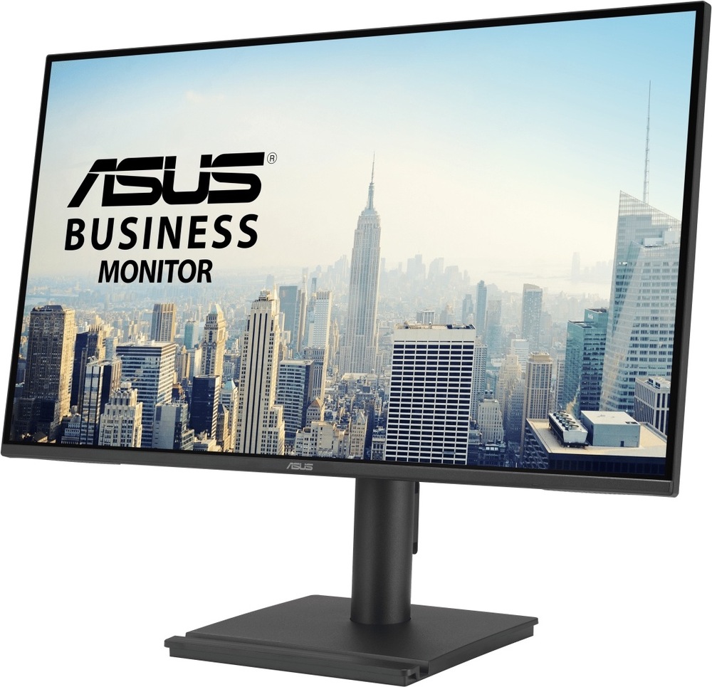Na obrázku je monitor Asus BE27AQ 27" v tmavo šedom prevedení z predného šikmého pohľadu. Má tenké rámčeky po stranách aj hore a širšiu spodnú lištu s logom Asus uprostred. Monitor stojí na jednoduchom valcovom stojane s hranatou plochou základňou. Konštrukcia pôsobí striedmo a kancelárie.