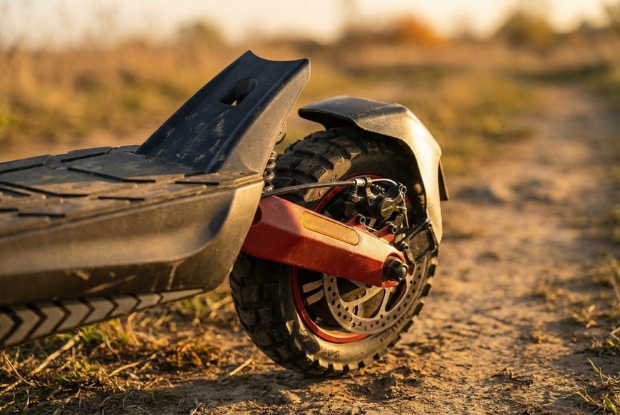 Elektrická kolobežka Sencor SCOOTER X70 čierna Detail zadného kolesa elektrickej kolobežky Sencor SCOOTER X70 s kotúčovou brzdou a terénnou pneumatikou.