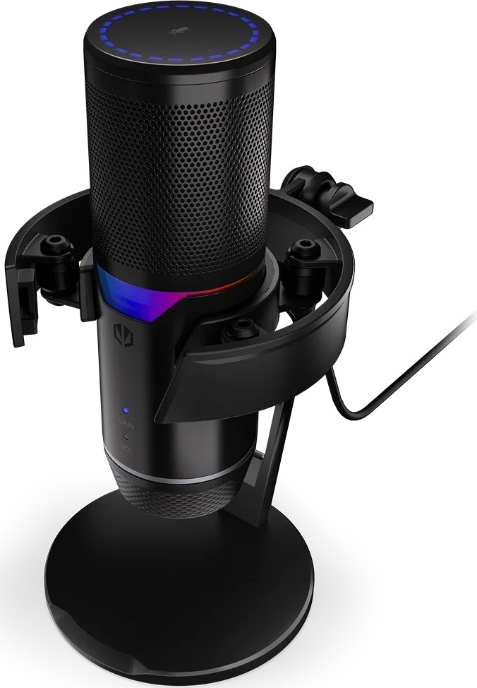 Mikrofón ENDORFY Solum 2 Pro čierny Horný pohľad na mikrofón ENDORFY Solum 2 Pro s dotykovým panelom, RGB podsvietením a antivibračným držiakom.