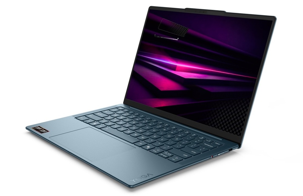 Notebook Lenovo Yoga Slim 7 14AGP11 modrý Otvorený a zapnutý notebook Lenovo Yoga Slim 7 14AGP11 otočený doľava