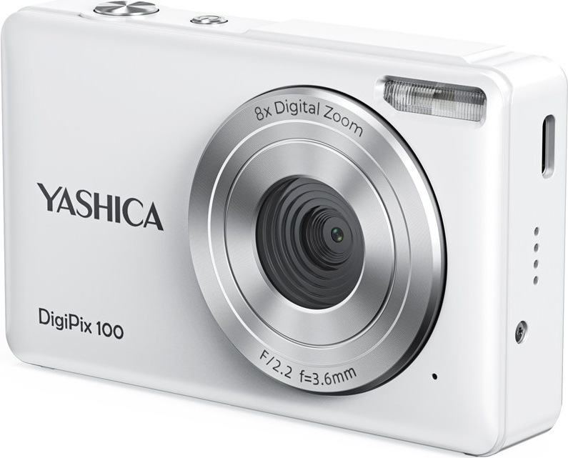 Digitálny fotoaparát Yashica DigiPix 100 biely Pohľad na prednú stranu kompaktného fotoaparátu DigiPix 100 s 33mm objektívom