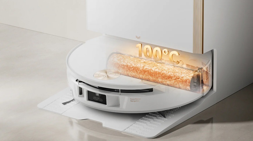 Robotický vysávač MOVA S70 Ultra Roller biely Detail obrázku vysávača pri automatickom sušení.