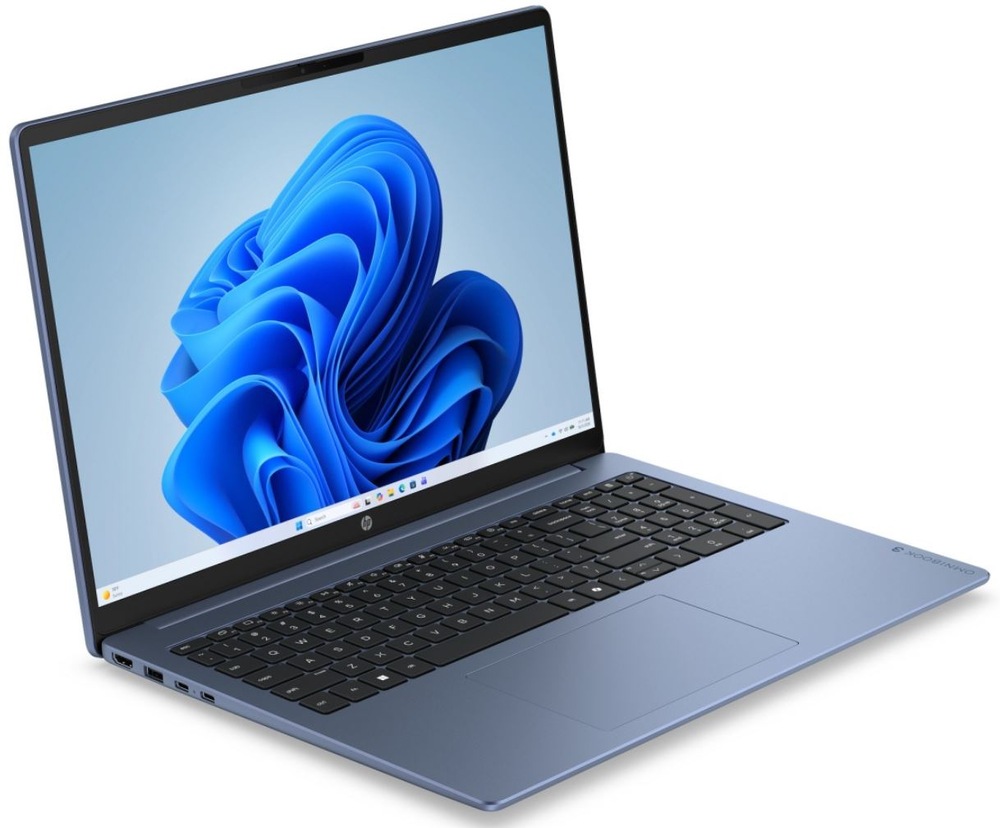 Notebook HP OmniBook 3 16-bu0610ncx + Game Pass predplatné na 2 mesiace modrý Notebook HP OmniBook 3 v šikmom pohľade s tenkým prevedením