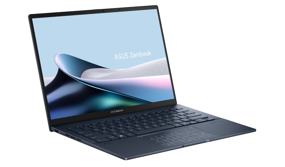 Notebook Asus Zenbook 14 OLED modrý Otvorený a zapnutý notebook Asus Zenbook 14 otočený doprava