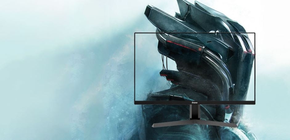 Herný monitor IIYAMA G-Master G2471HS-B1 čierny Monitor s futuristickým dizajnom na displeji a tým istým elegantným abstraktným pozadím so sci-fi bojovníkom.