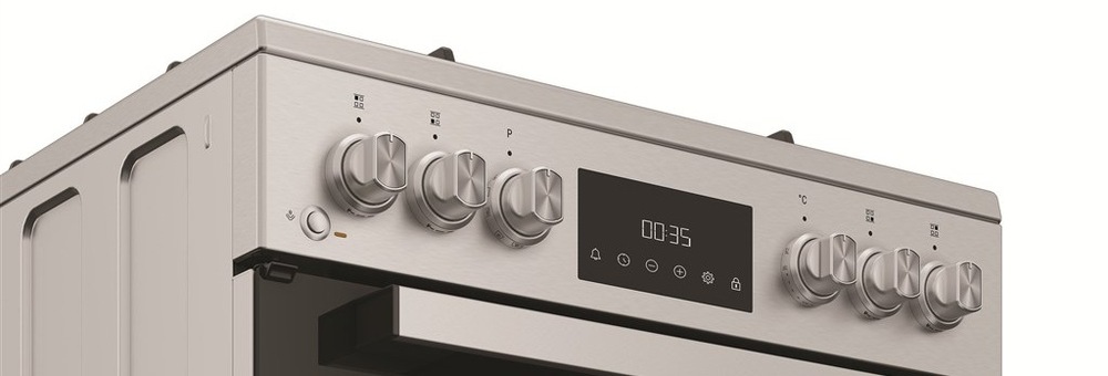 Kombinovaný sporák Whirlpool W6G8LCSWX nerez Detail ovládacieho panelu a gombíkov sporáka K60 Whirlpool W6G8LCSWX