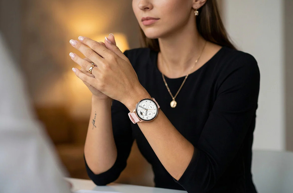 Elegantná žena s hodinkami LAMAX Aura na zápästí