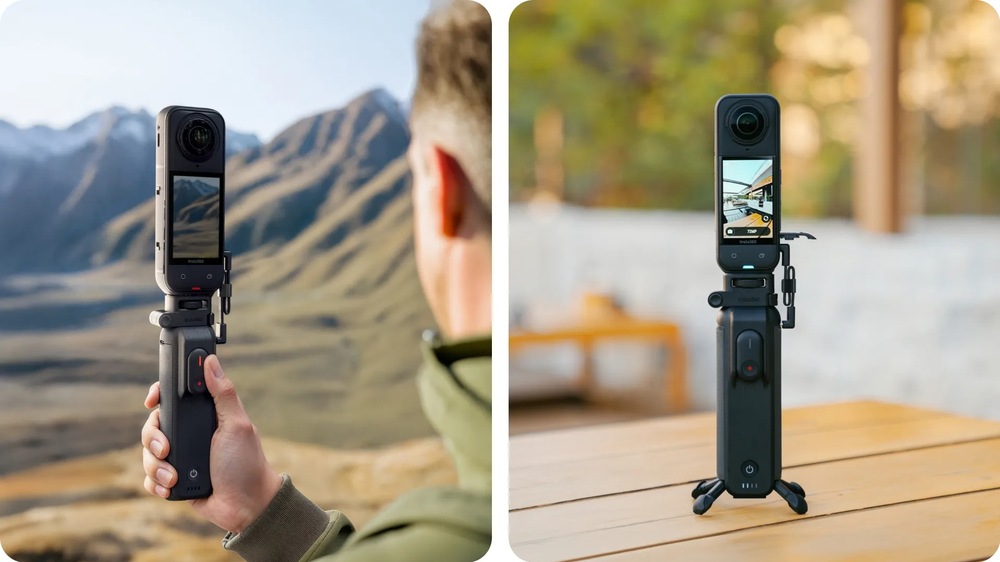 Držiak Insta360 FOMO Power Handle čierny Kamera Insta360 pripojená k rukoväti FOMO Power Handle v ruke a na stolnom statíve