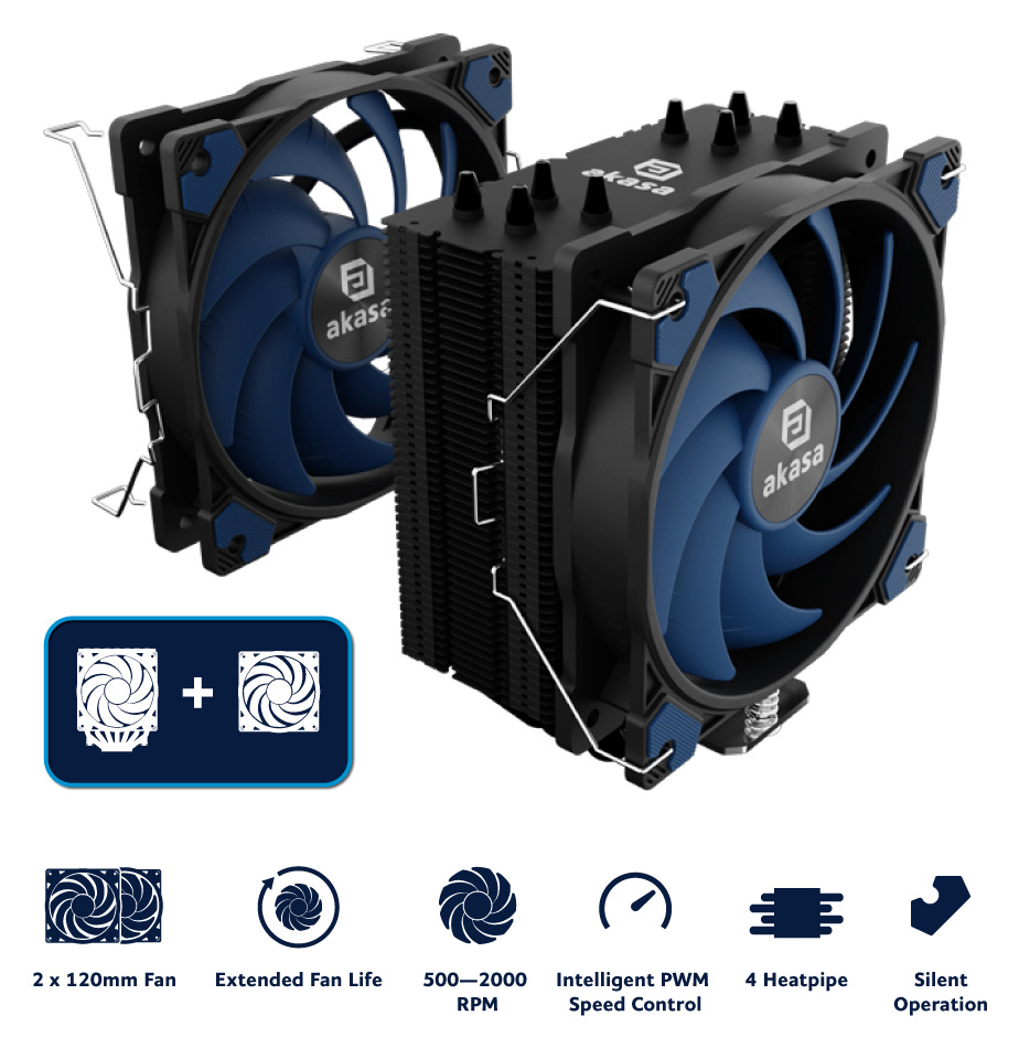 Chladič CPU AKASA Alucia H4 Plus + Alucia SC12 Fan čierny Výhodou je u AKASA Alucia H4 Plus + Alucia SC12 Fan aj jednoduchá montáž