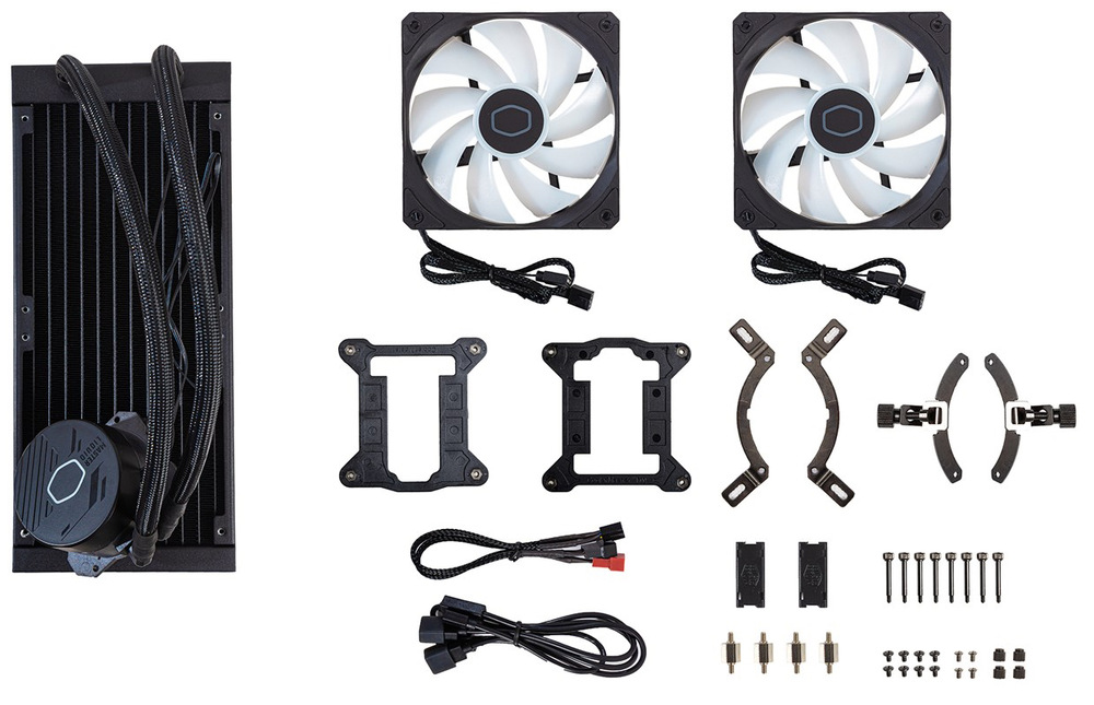 Vodný chladič Cooler Master MasterLiquid ML240L Core ARGB Fotografie kompletného balenia, pripraveného na inštaláciu do PC skrine.