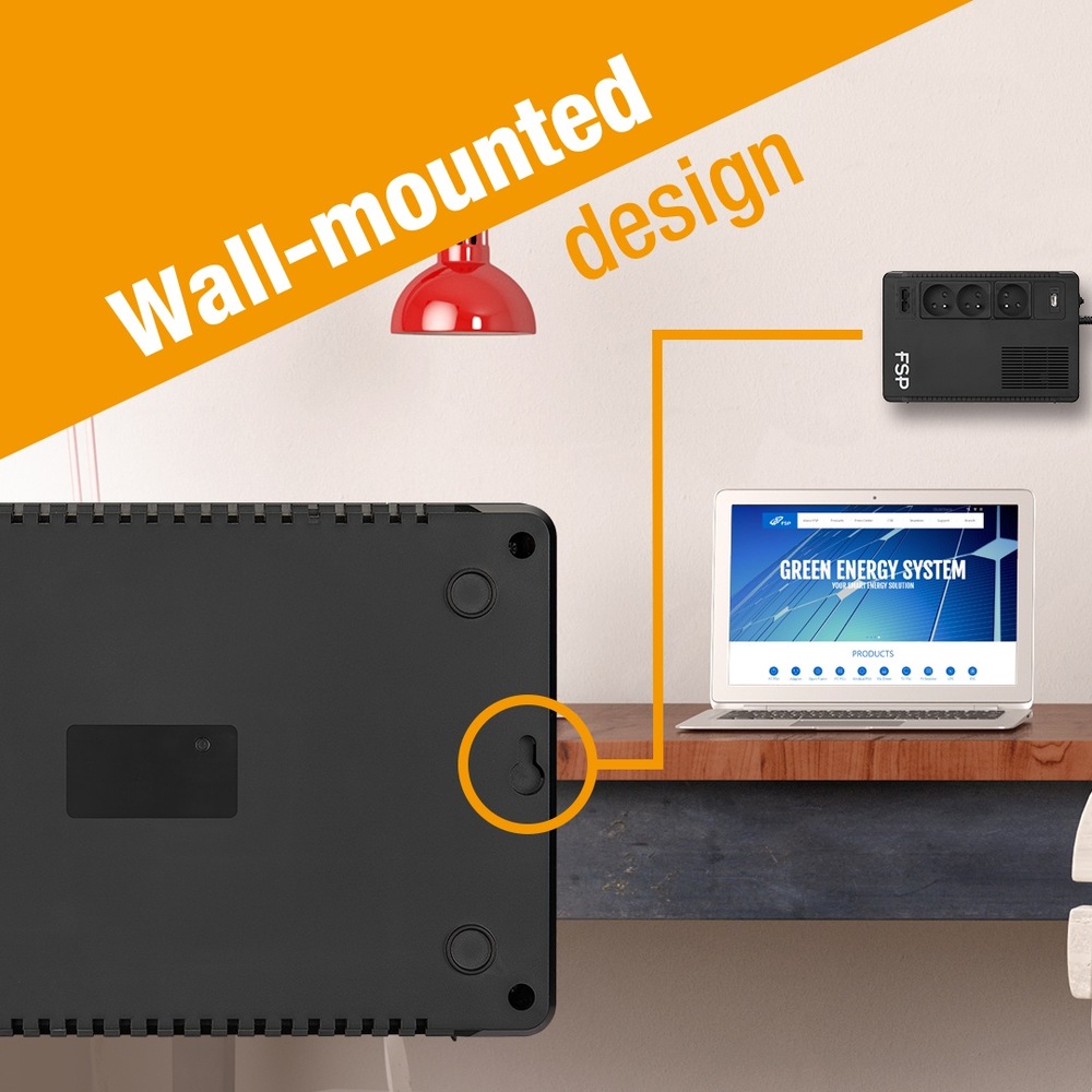 Záložný zdroj FSP ECO 800 FR, 800VA/480W, USB, RJ45, line interactive čierny Ilustračný obrázok nástenného dizajnu so zariadením na stene vedľa notebooku s nápisom „Zelený energetický systém“. Nad dreveným stolom visí červená lampa.